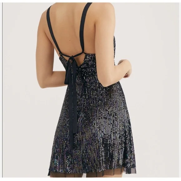 FREE PEOPLE Gold Rush Mini DRESS Size Small Black Sequin Strappy - Picture 2 of 9